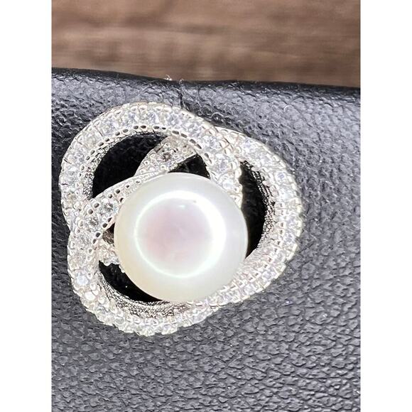 Cultured pearl swirl stud earrings in sterling silver with cz accents - Picture 7 of 14